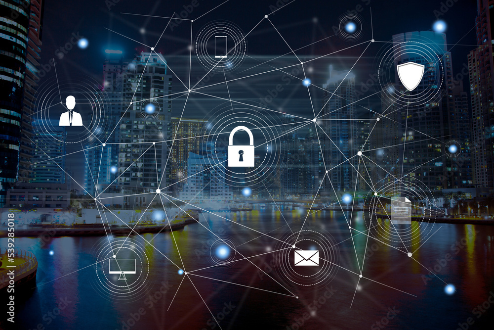 Poster lock and icons on virtual screen. data protection concept