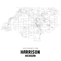 Harrison Michigan. US street map with black and white lines.