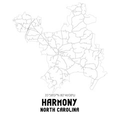 Harmony North Carolina. US street map with black and white lines.