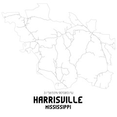 Harrisville Mississippi. US street map with black and white lines.