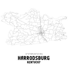 Harrodsburg Kentucky. US street map with black and white lines.