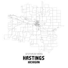 Hastings Michigan. US street map with black and white lines.