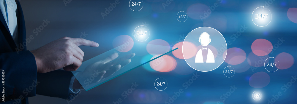 Poster technical support icons 24.7 on a virtual screen.