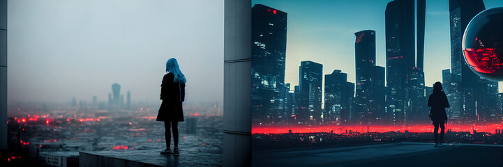 Foggy cyberpunk city, neon lights, future. city in the night, character