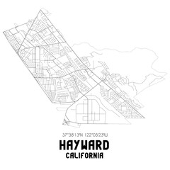 Hayward California. US street map with black and white lines.