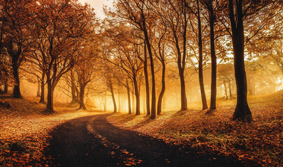 Fototapeta na wymiar Autumn forest with gold and yellow sunshine atmosphere