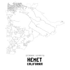 Hemet California. US street map with black and white lines.