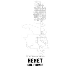 Hemet California. US street map with black and white lines.