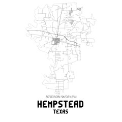 Hempstead Texas. US street map with black and white lines.