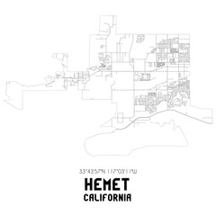 Hemet California. US street map with black and white lines.