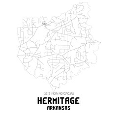 Hermitage Arkansas. US street map with black and white lines.