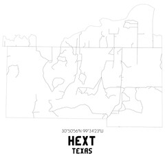 Hext Texas. US street map with black and white lines.