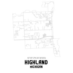Highland Michigan. US street map with black and white lines.