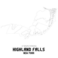 Highland Falls New York. US street map with black and white lines.