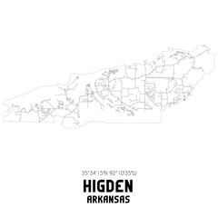 Higden Arkansas. US street map with black and white lines.