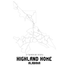 Highland Home Alabama. US street map with black and white lines.