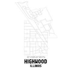 Highwood Illinois. US street map with black and white lines.