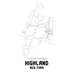 Highland New York. US street map with black and white lines.