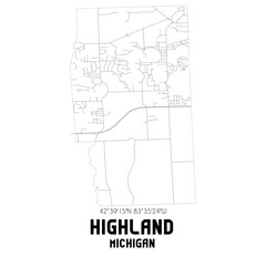 Highland Michigan. US street map with black and white lines.