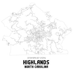 Highlands North Carolina. US street map with black and white lines.