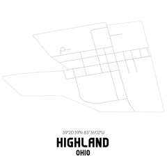 Highland Ohio. US street map with black and white lines.
