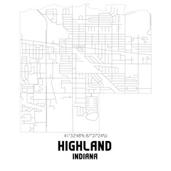 Highland Indiana. US street map with black and white lines.