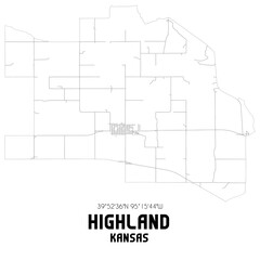 Highland Kansas. US street map with black and white lines.