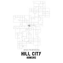Hill City Kansas. US street map with black and white lines.