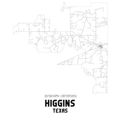 Higgins Texas. US street map with black and white lines.