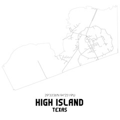 High Island Texas. US street map with black and white lines.