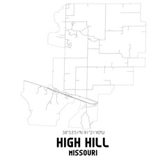 High Hill Missouri. US street map with black and white lines.