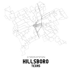 Hillsboro Texas. US street map with black and white lines.