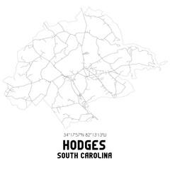 Hodges South Carolina. US street map with black and white lines.