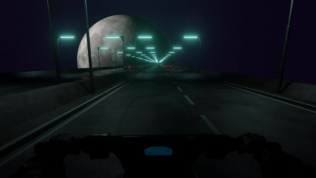 A motorcycle rides along a space highway, synthwave style. First-person view. 3D render seamless loop.