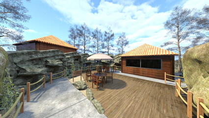 岩に囲まれた木製バルコニー