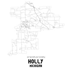 Holly Michigan. US street map with black and white lines.