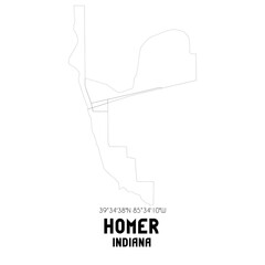 Homer Indiana. US street map with black and white lines.