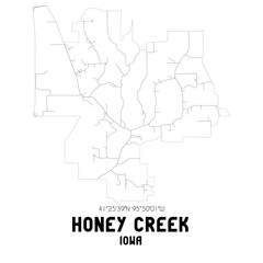 Honey Creek Iowa. US street map with black and white lines.