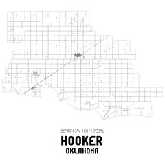 Hooker Oklahoma. US street map with black and white lines.