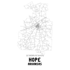 Hope Arkansas. US street map with black and white lines.