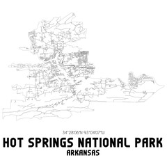 Hot Springs National Park Arkansas. US street map with black and white lines.
