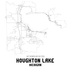 Houghton Lake Michigan. US street map with black and white lines.