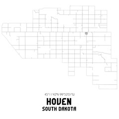 Hoven South Dakota. US street map with black and white lines.
