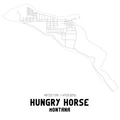 Hungry Horse Montana. US street map with black and white lines.