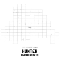 Hunter North Dakota. US street map with black and white lines.