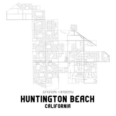 Huntington Beach California. US street map with black and white lines.