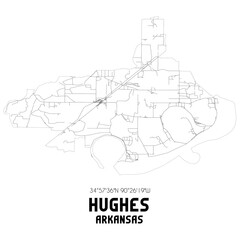 Hughes Arkansas. US street map with black and white lines.