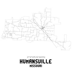Humansville Missouri. US street map with black and white lines.