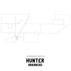 Hunter Arkansas. US street map with black and white lines.