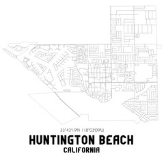 Huntington Beach California. US street map with black and white lines.
